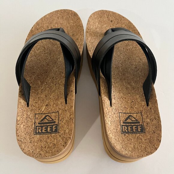 NEW REEF Vista Higher Lennox Platform Thong Comfort Sandal Vegan Leather Black 5 - Picture 10 of 13